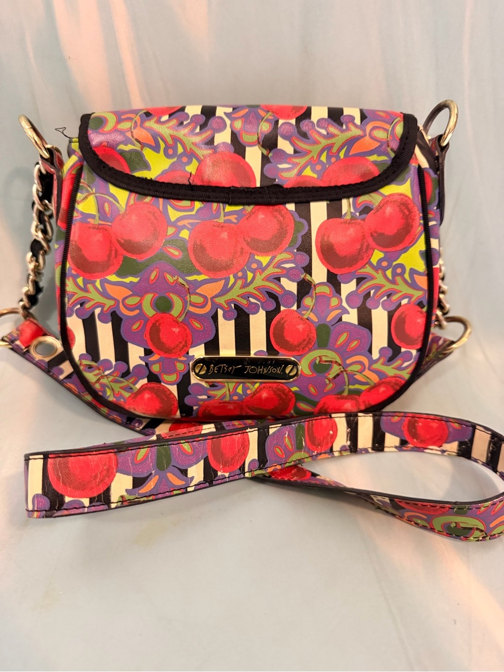 Betsey Johnson Red Cherry 🍒 Print Crossbody Bag with Purple & Black Accents 🔥